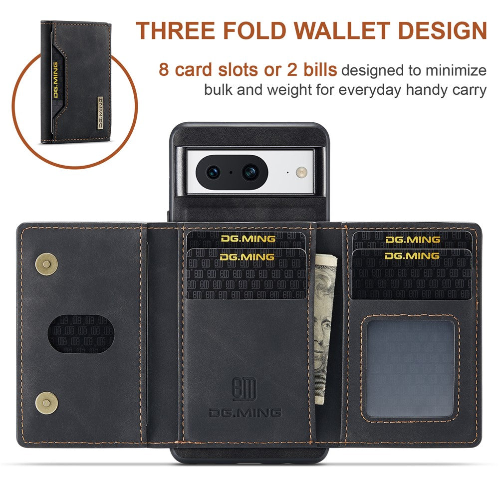 DG.MING M2 Series for Google Pixel 8 Magnetic Detachable Back Cover Leather Coated PC+TPU Kickstand Wallet Phone Case