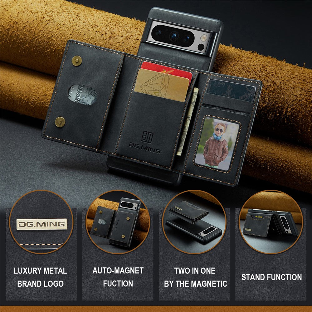 DG.MING M2 Series for Google Pixel 8 Pro Leather Coated PC+TPU Magnetic Detachable Back Cover Kickstand Wallet Phone Case