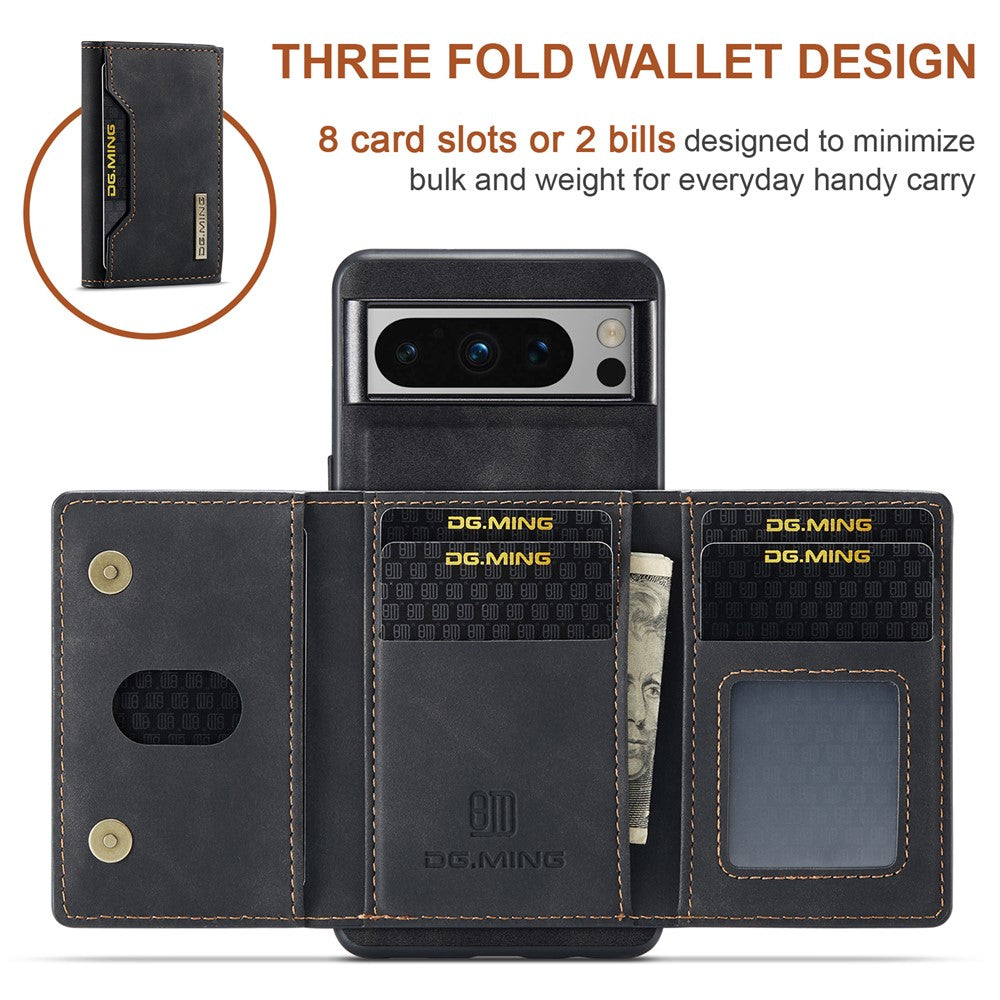 DG.MING M2 Series for Google Pixel 8 Pro Leather Coated PC+TPU Magnetic Detachable Back Cover Kickstand Wallet Phone Case