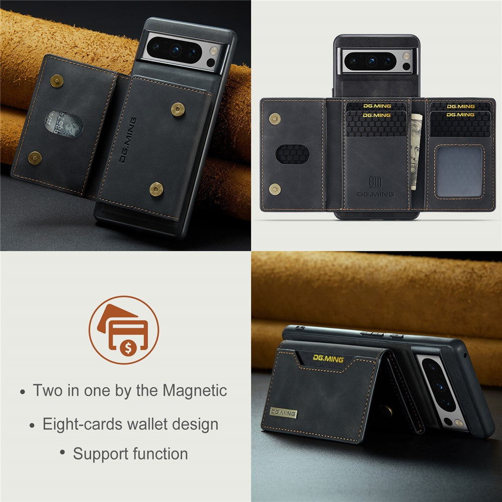 DG.MING M2 Series for Google Pixel 8 Pro Leather Coated PC+TPU Magnetic Detachable Back Cover Kickstand Wallet Phone Case