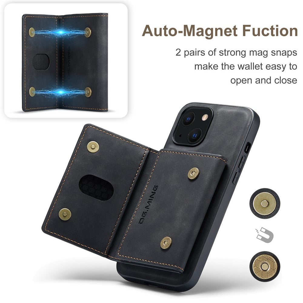 DG.MING M2 Series for iPhone 15 Magnetic Wallet Phone Case PU+PC+TPU Kickstand Phone Cover