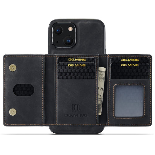 DG.MING M2 Series for iPhone 15 Magnetic Wallet Phone Case PU+PC+TPU Kickstand Phone Cover
