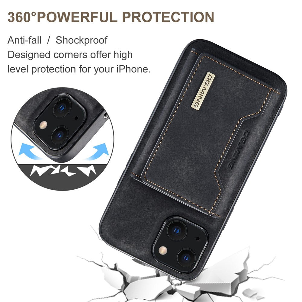 DG.MING M2 Series for iPhone 15 Magnetic Wallet Phone Case PU+PC+TPU Kickstand Phone Cover