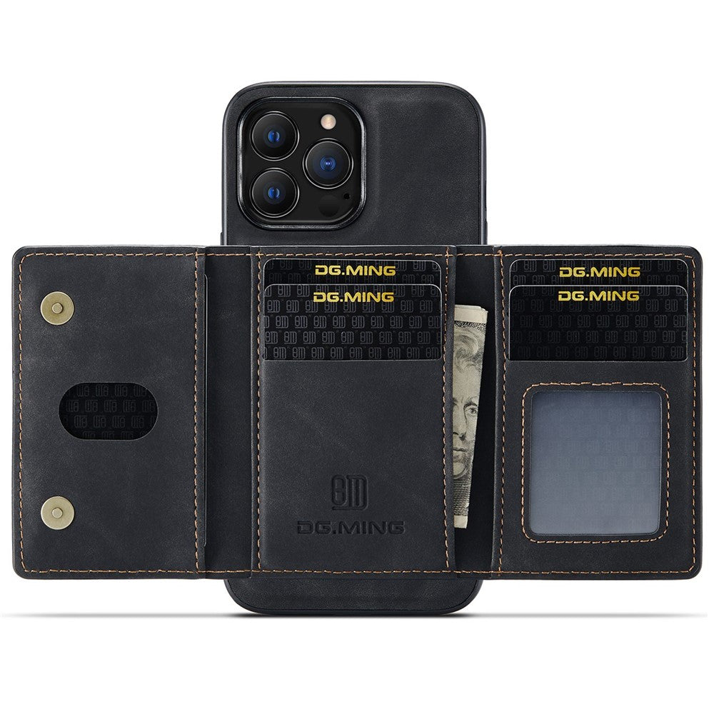 DG.MING M2 Series for iPhone 15 Pro Anti-Drop Kickstand Case PU+PC+TPU Magnetic Wallet Phone Cover