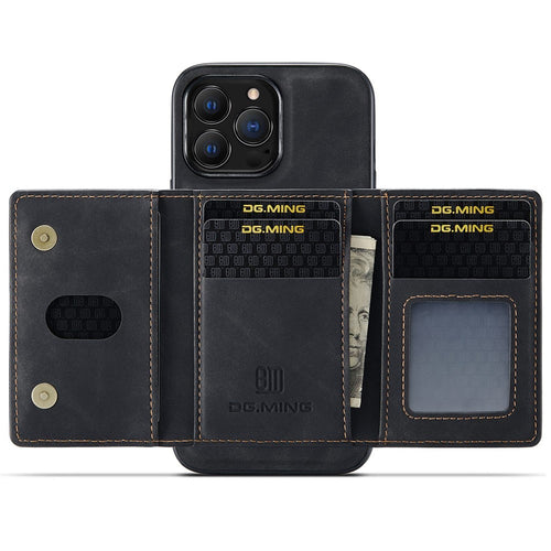 DG.MING M2 Series for iPhone 15 Pro Max Shockproof Case PU+PC+TPU Magnetic Wallet Phone Cover with Kickstand