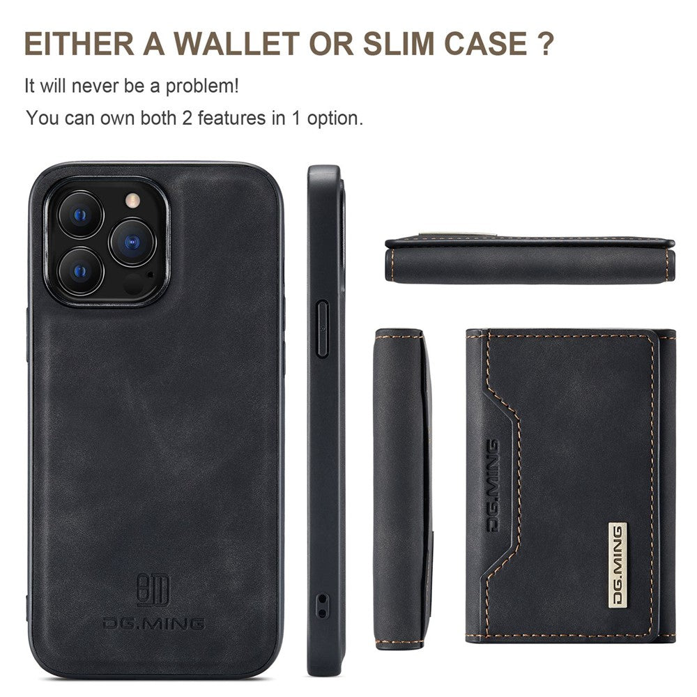 DG.MING M2 Series for iPhone 15 Pro Max Shockproof Case PU+PC+TPU Magnetic Wallet Phone Cover with Kickstand