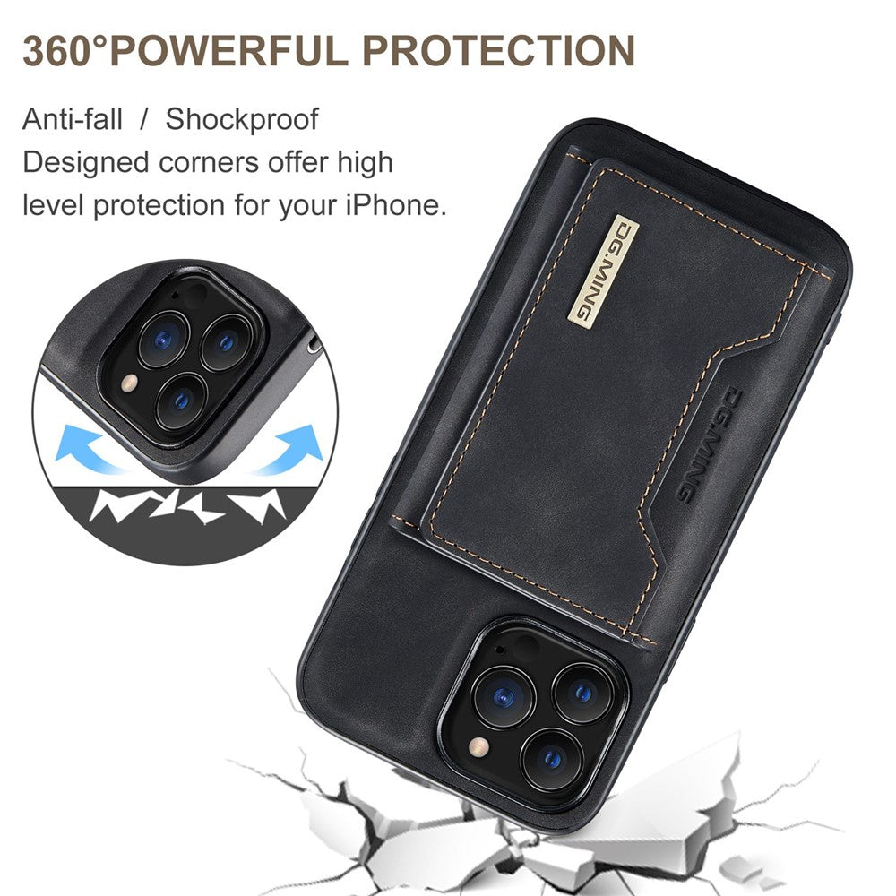 DG.MING M2 Series for iPhone 15 Pro Max Shockproof Case PU+PC+TPU Magnetic Wallet Phone Cover with Kickstand