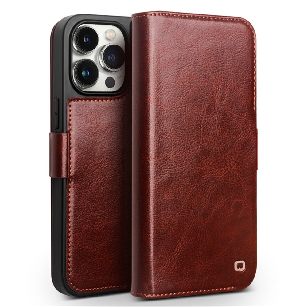 QIALINO For iPhone 15 Pro Max Genuine Cow Leather+TPU Phone Case Magnetic Closure Full Protection Phone Cover