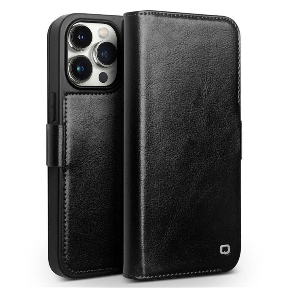 QIALINO For iPhone 15 Pro Max Genuine Cow Leather+TPU Phone Case Magnetic Closure Full Protection Phone Cover