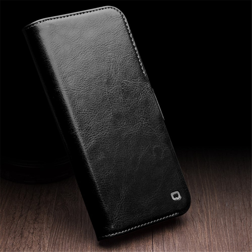 QIALINO For iPhone 15 Pro Max Genuine Cow Leather+TPU Phone Case Magnetic Closure Full Protection Phone Cover