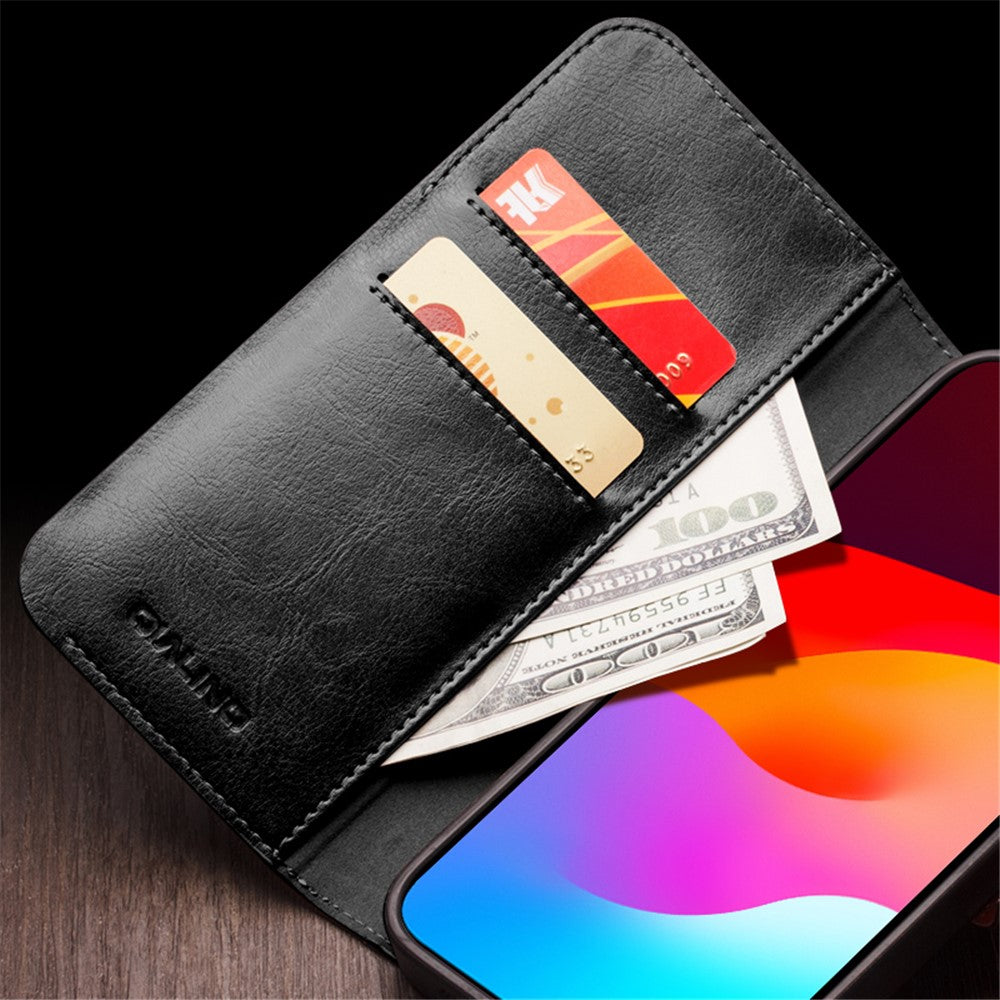 QIALINO For iPhone 15 Pro Max Genuine Cow Leather+TPU Phone Case Magnetic Closure Full Protection Phone Cover