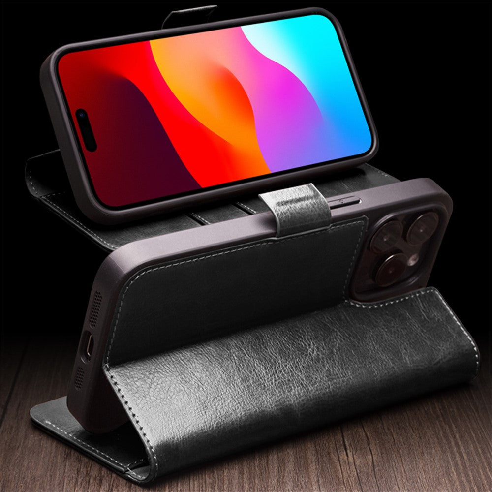 QIALINO For iPhone 15 Pro Max Genuine Cow Leather+TPU Phone Case Magnetic Closure Full Protection Phone Cover
