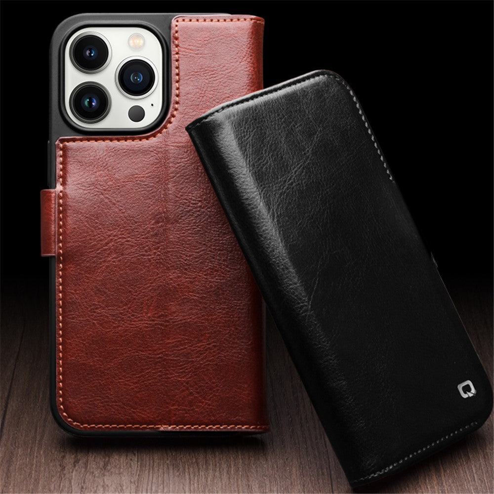 QIALINO For iPhone 15 Pro Max Genuine Cow Leather+TPU Phone Case Magnetic Closure Full Protection Phone Cover