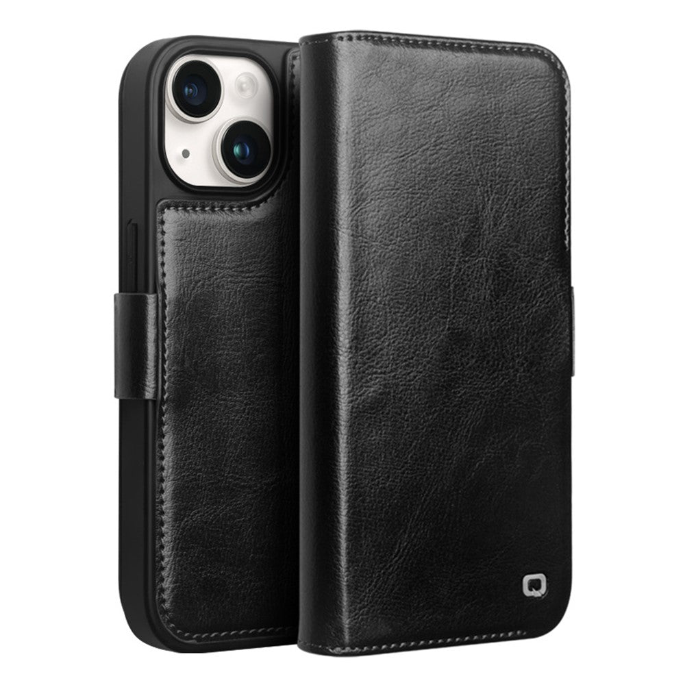 QIALINO For iPhone 15 Genuine Cow Leather+TPU Anti-Drop Phone Case Stand Wallet Cover