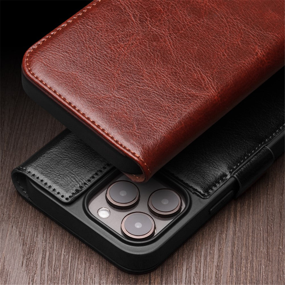 QIALINO For iPhone 15 Genuine Cow Leather+TPU Anti-Drop Phone Case Stand Wallet Cover