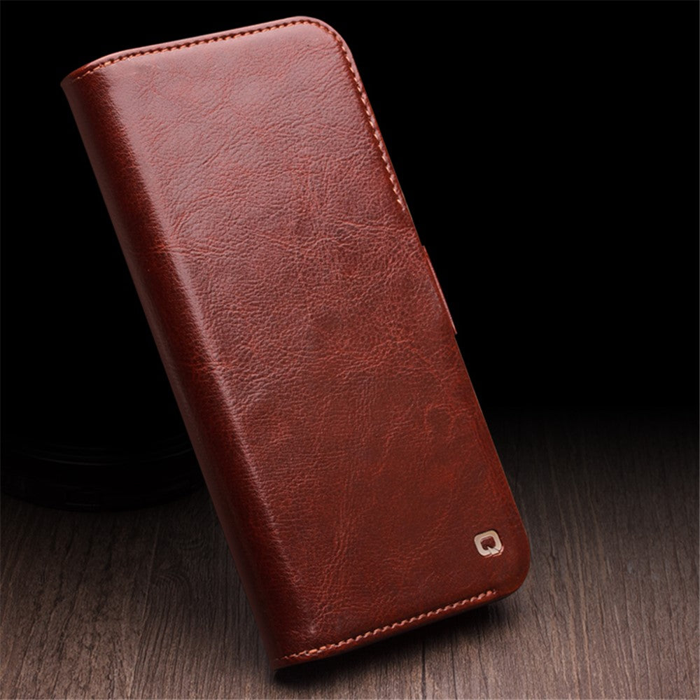 QIALINO For iPhone 15 Genuine Cow Leather+TPU Anti-Drop Phone Case Stand Wallet Cover