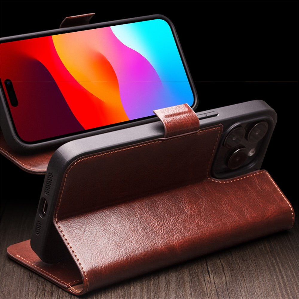QIALINO For iPhone 15 Genuine Cow Leather+TPU Anti-Drop Phone Case Stand Wallet Cover