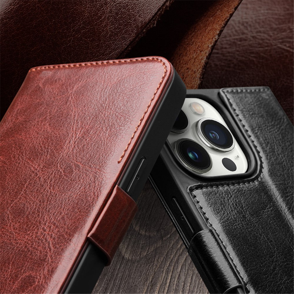 QIALINO For iPhone 15 Genuine Cow Leather+TPU Anti-Drop Phone Case Stand Wallet Cover