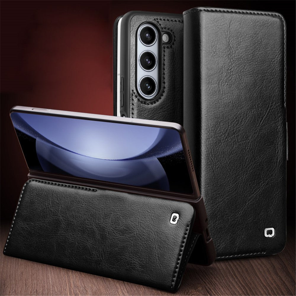 QIALINO Wallet Phone Case for Samsung Galaxy Z Fold5 5G TPU+Genuine Cow Leather Folio Flip Cover