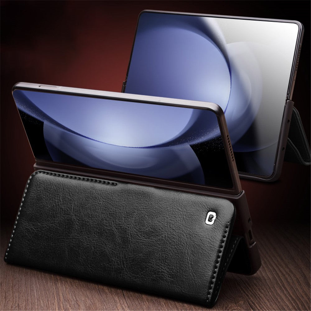 QIALINO Wallet Phone Case for Samsung Galaxy Z Fold5 5G TPU+Genuine Cow Leather Folio Flip Cover