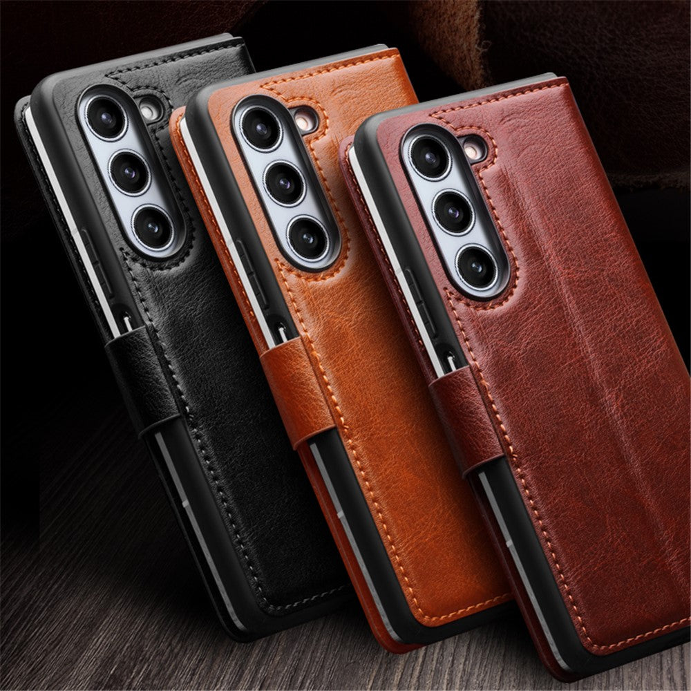 QIALINO Wallet Phone Case for Samsung Galaxy Z Fold5 5G TPU+Genuine Cow Leather Folio Flip Cover