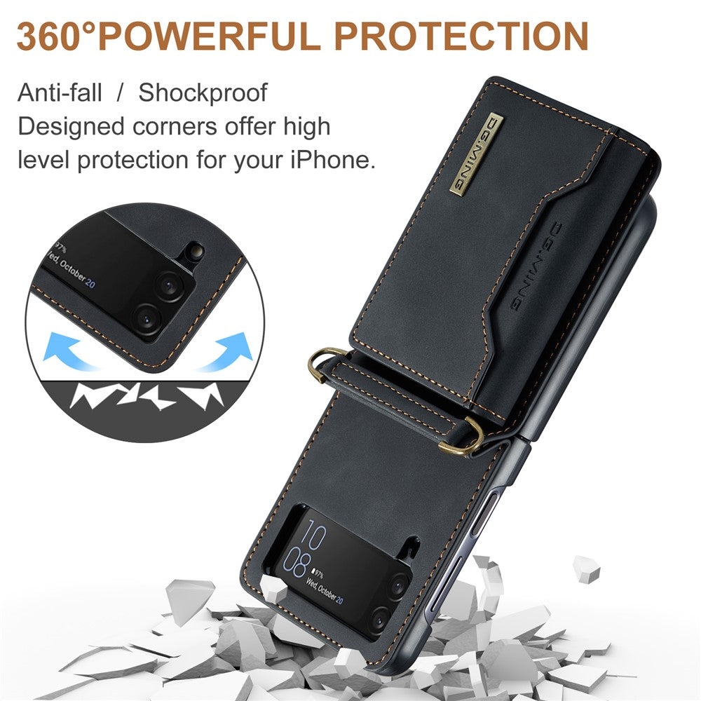 DG.MING M2 Series for Samsung Galaxy Z Flip4 5G Magnetic Leather+PC Phone Case Kickstand Wallet Cover with Shoulder Strap