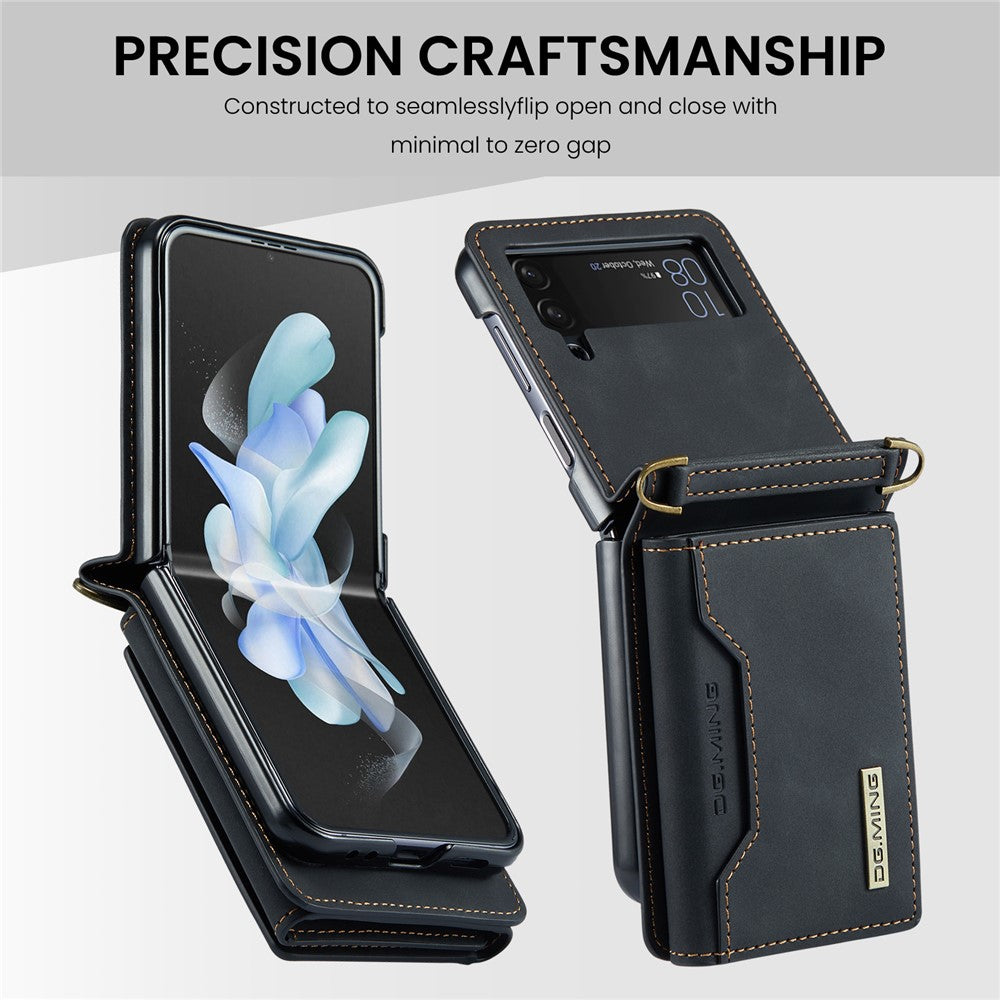 DG.MING M2 Series for Samsung Galaxy Z Flip4 5G Magnetic Leather+PC Phone Case Kickstand Wallet Cover with Shoulder Strap