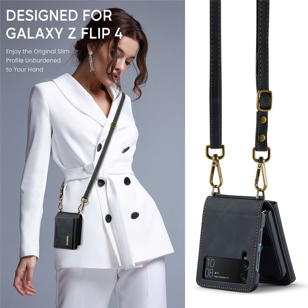 DG.MING M2 Series for Samsung Galaxy Z Flip4 5G Magnetic Leather+PC Phone Case Kickstand Wallet Cover with Shoulder Strap