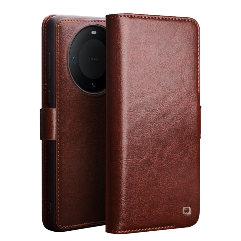 QIALINO For Huawei Mate 60 Case Genuine Cow Leather Viewing Stand Flip Phone Cover