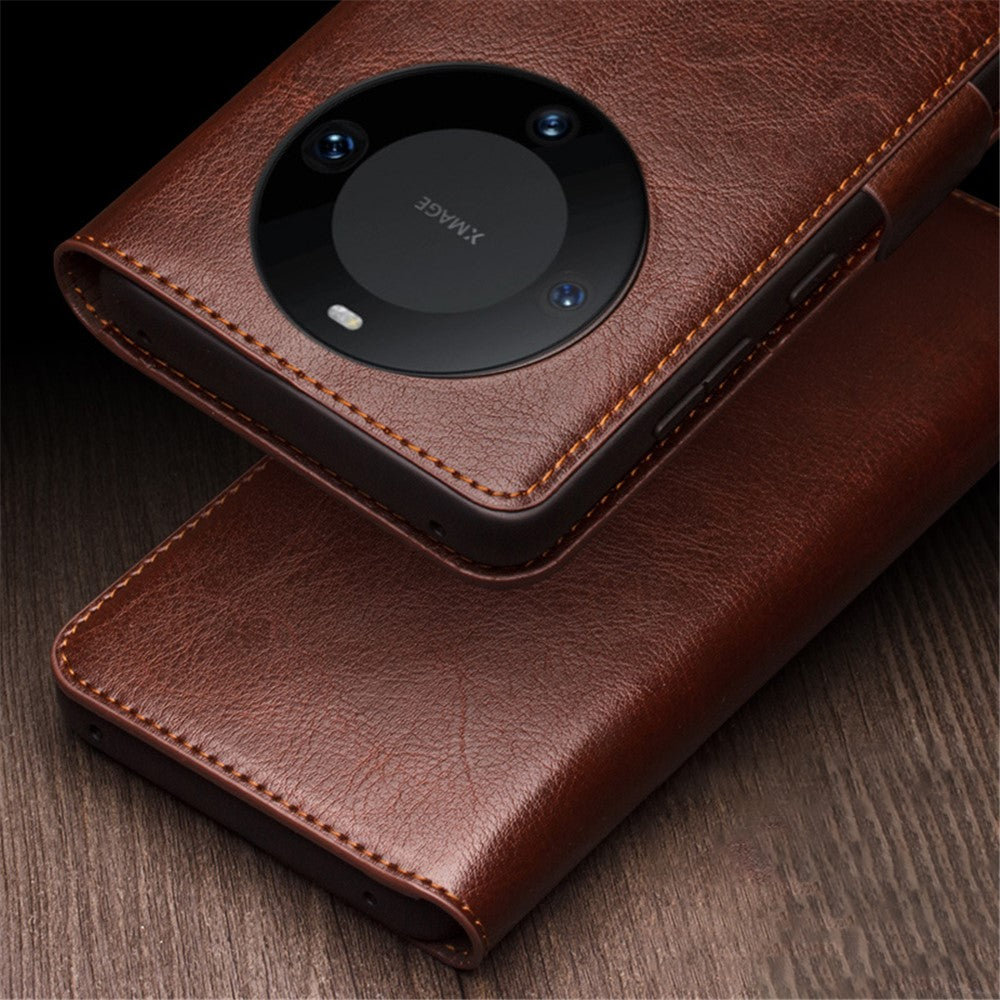 QIALINO For Huawei Mate 60 Case Genuine Cow Leather Viewing Stand Flip Phone Cover