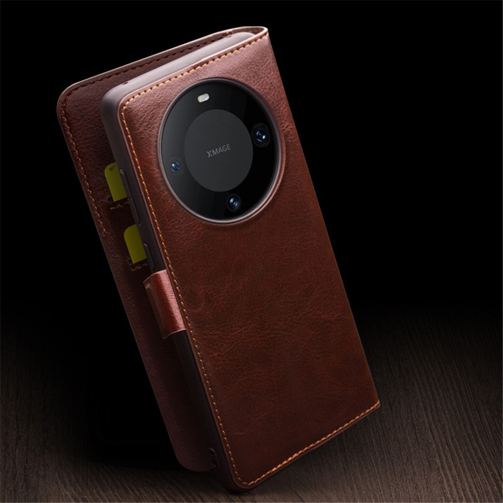 QIALINO For Huawei Mate 60 Case Genuine Cow Leather Viewing Stand Flip Phone Cover
