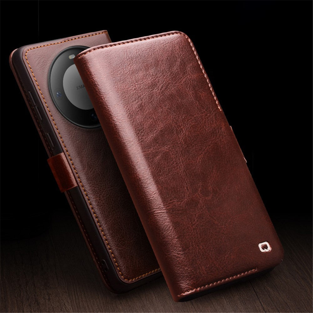 QIALINO For Huawei Mate 60 Case Genuine Cow Leather Viewing Stand Flip Phone Cover