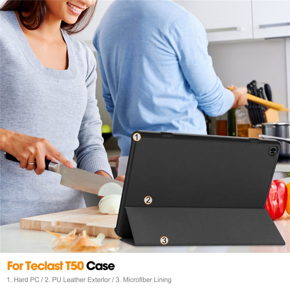 For Teclast T50 Tri-fold Stand Shell Auto Sleep  /  Wake Tablet Case PU Leather Full Protective Cover