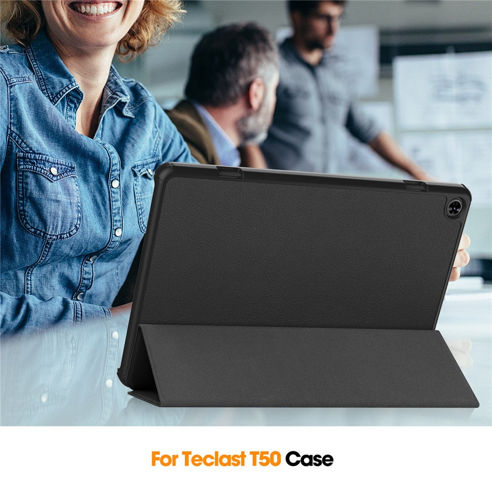 For Teclast T50 Tri-fold Stand Shell Auto Sleep  /  Wake Tablet Case PU Leather Full Protective Cover