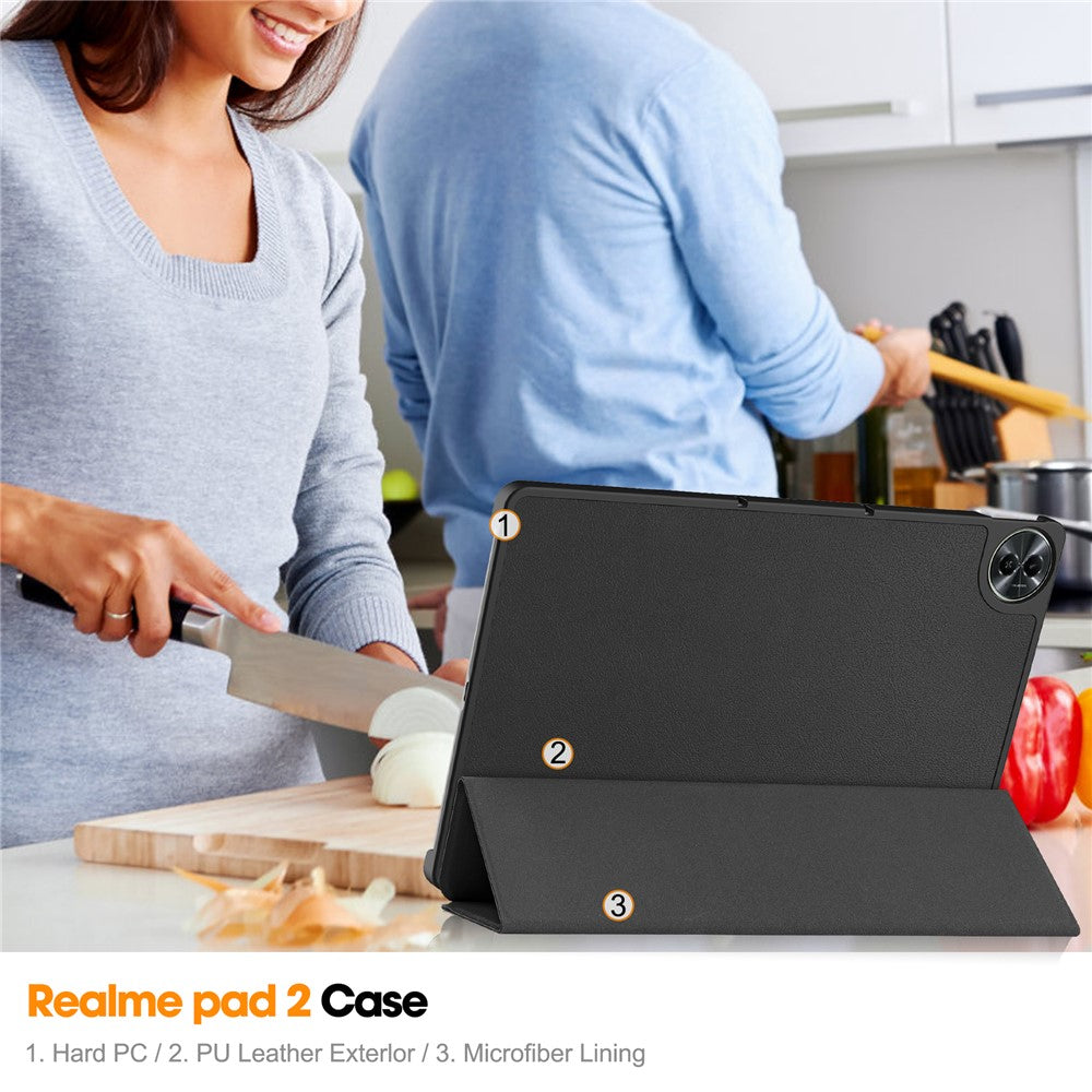 For Realme Pad 2 Trifold Stand Tablet Case PU Leather Full Protection Cover