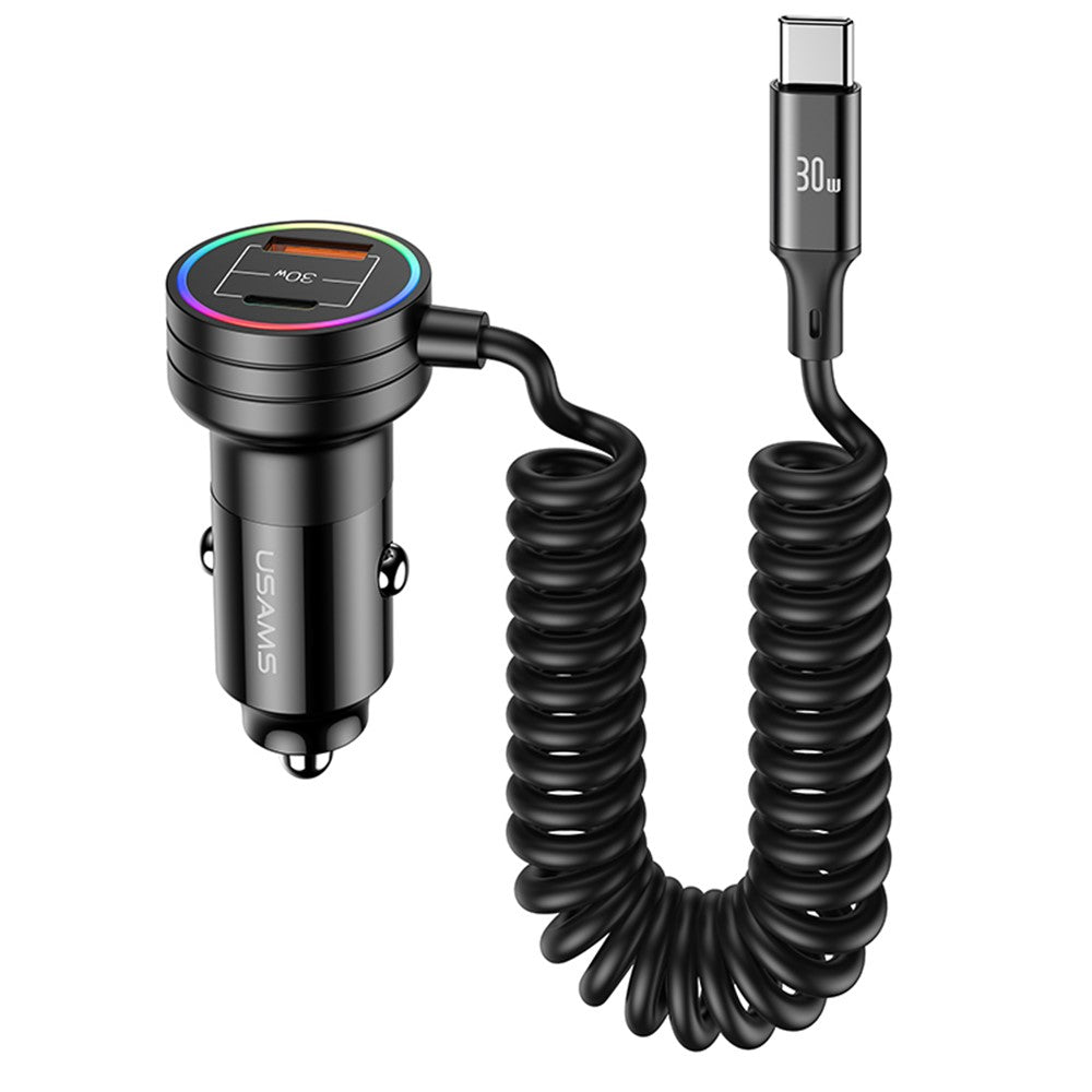USAMS US-CC167 C33 60W USB+Type-C Dual Ports Car Charger with Spring Cable and Ambient Light