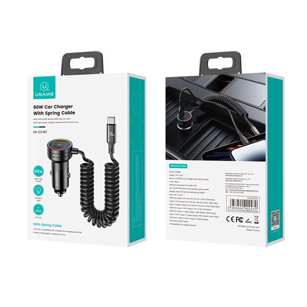 USAMS US-CC167 C33 60W USB+Type-C Dual Ports Car Charger with Spring Cable and Ambient Light