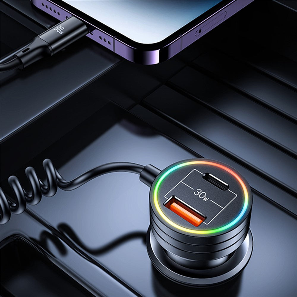USAMS US-CC167 C33 60W USB+Type-C Dual Ports Car Charger with Spring Cable and Ambient Light