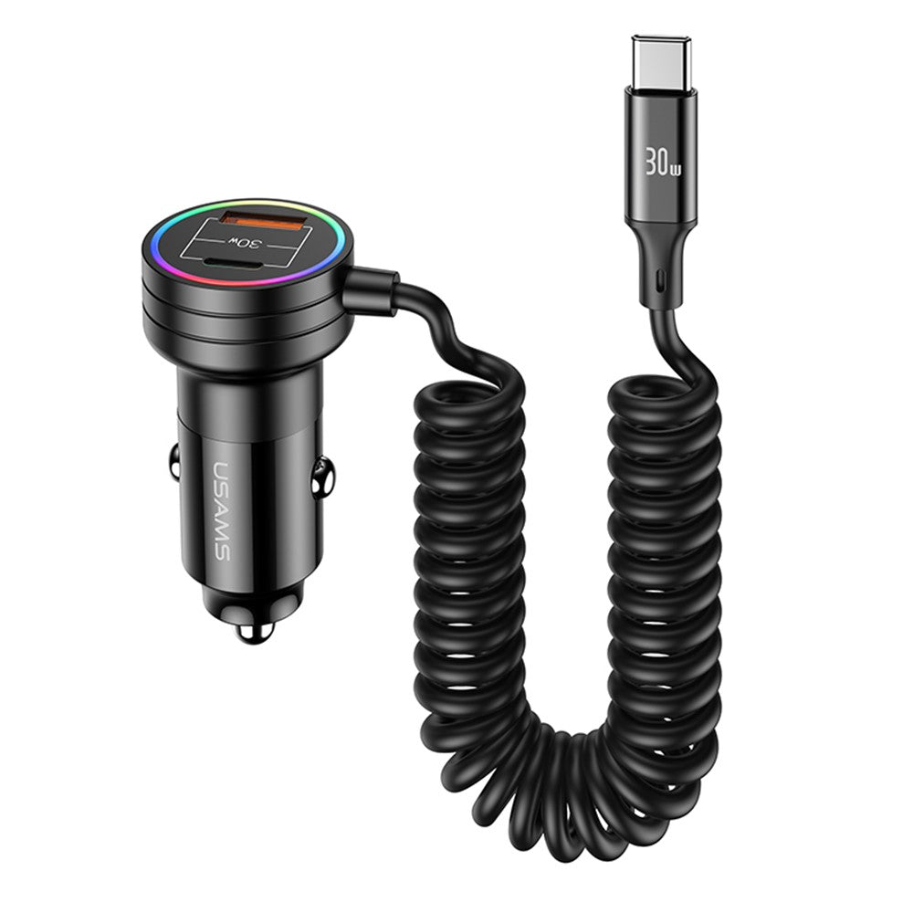 USAMS US-CC167 C33 60W USB+Type-C Dual Ports Car Charger with Spring Cable and Ambient Light