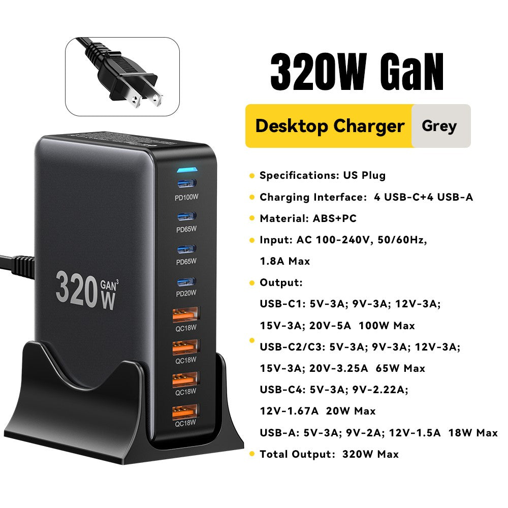 ESSAGER 320W GaN 4 USB + 4 Type-C Ports Desktop Charger
