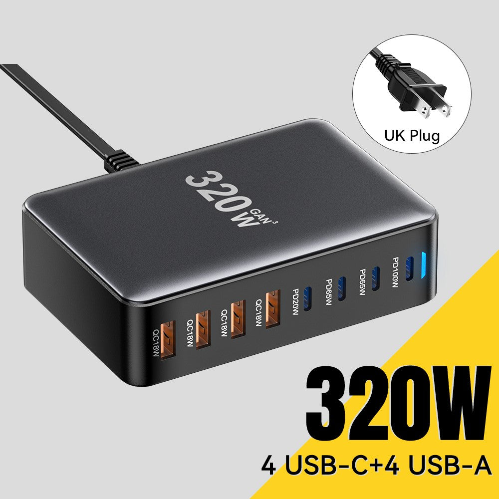 ESSAGER 320W GaN 4 USB + 4 Type-C Ports Desktop Charger