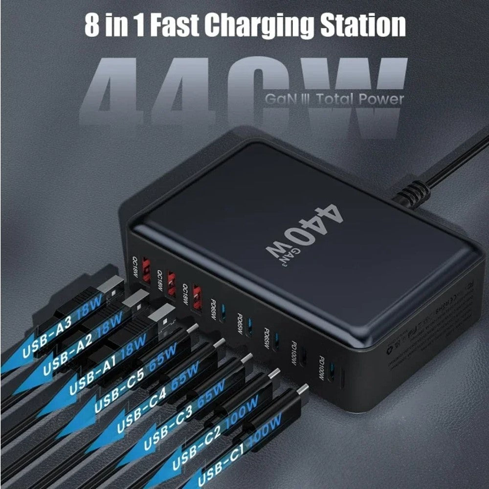 440W GaN Desktop Charger 2 x PD 100W + 3 x PD 65W + 3 x QC 18W 8 Port Fast Charging Station