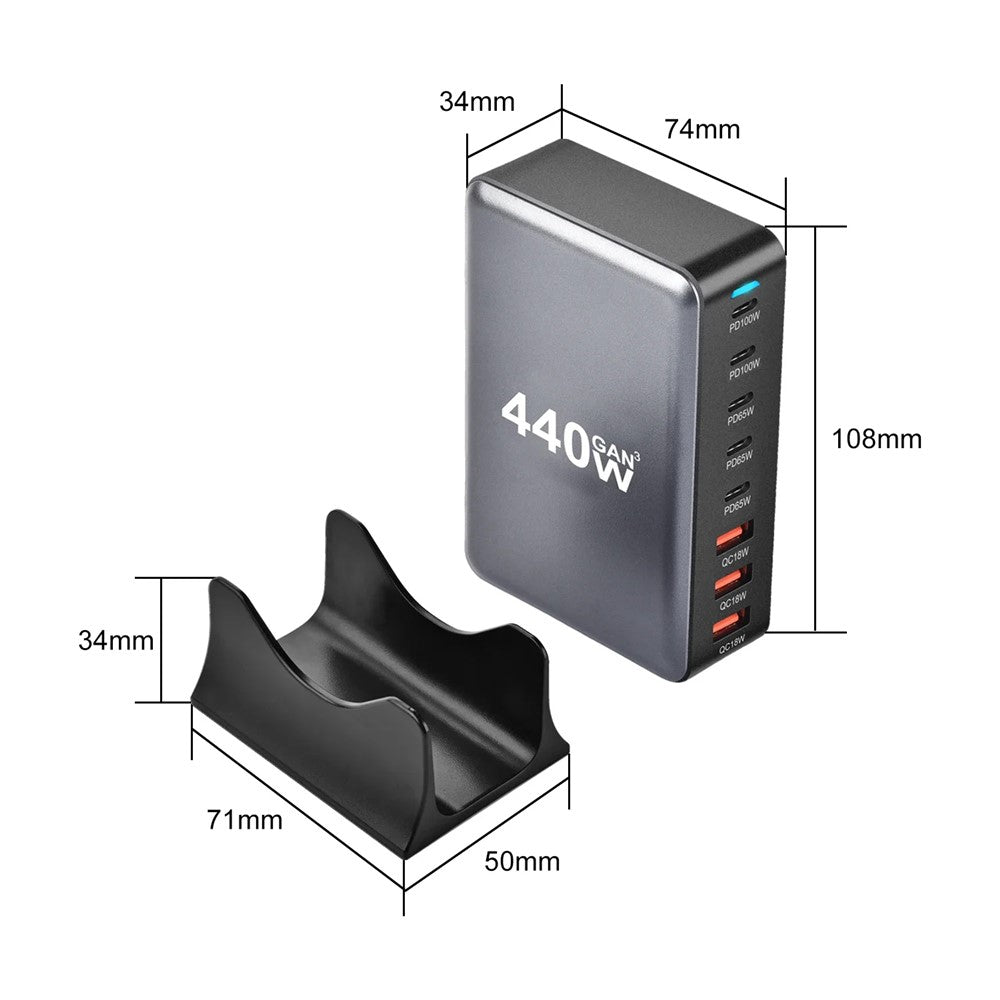 440W GaN Desktop Charger 2 x PD 100W + 3 x PD 65W + 3 x QC 18W 8 Port Fast Charging Station