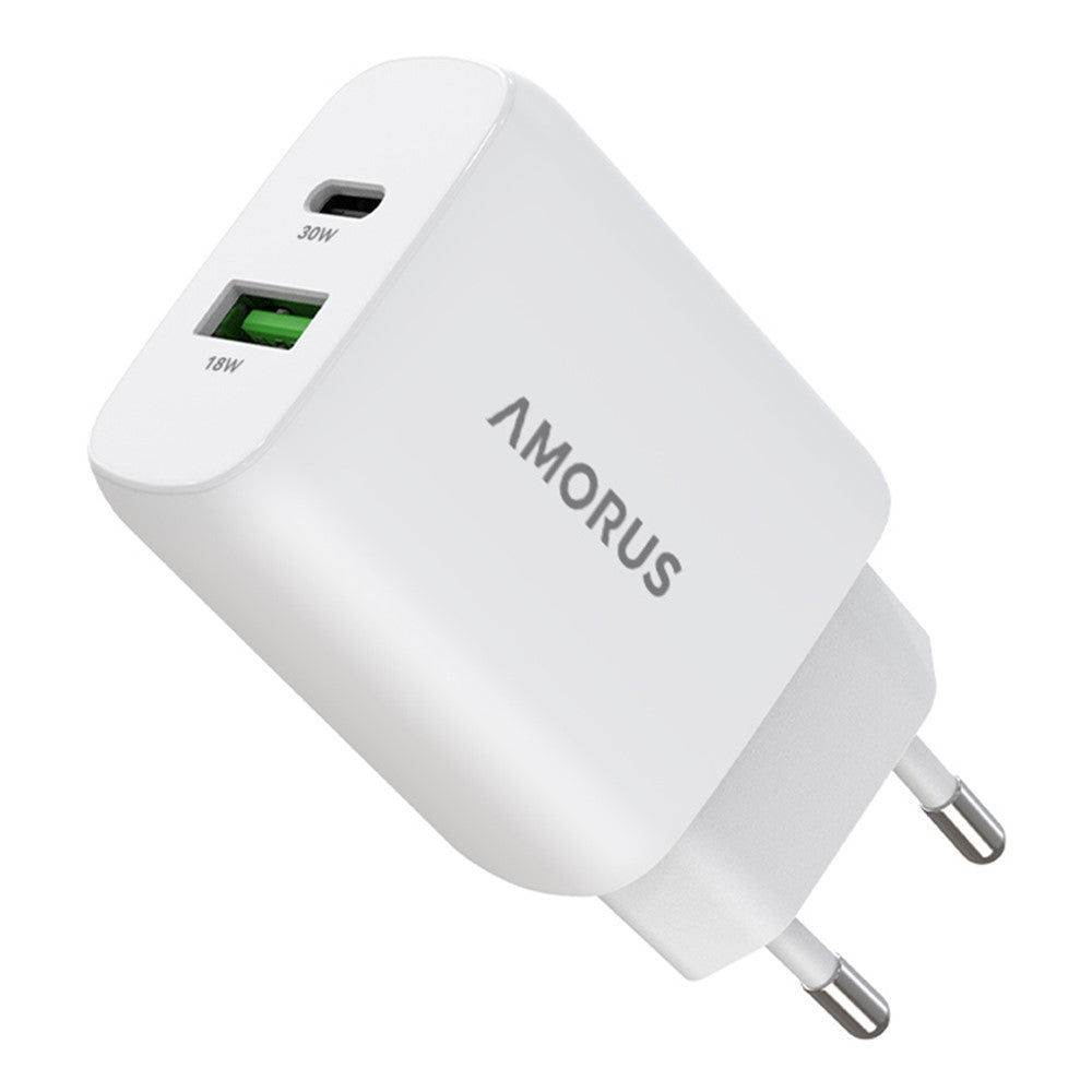 AMORUS PD 30W Type-C + QC 18W USB-A Dual Port GaN Power Adapter Fast Charging Wall Charger for Phone Tablet