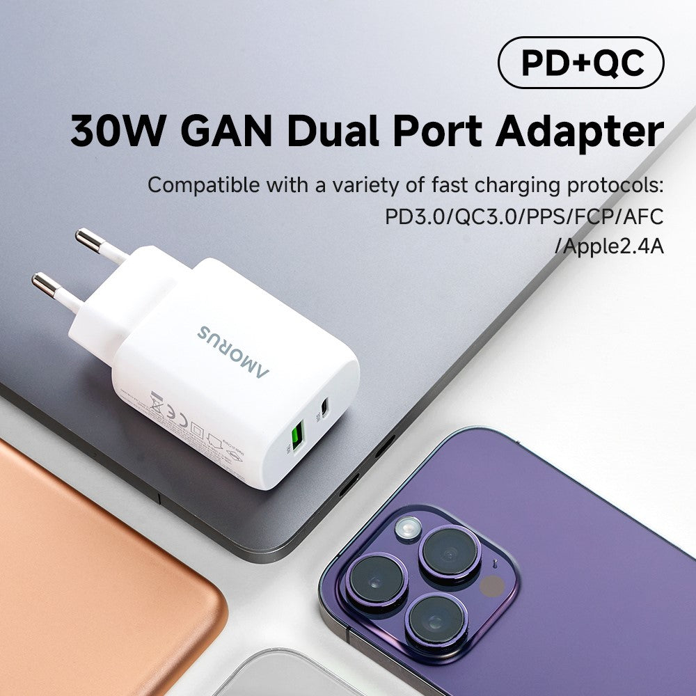 AMORUS PD 30W Type-C + QC 18W USB-A Dual Port GaN Power Adapter Fast Charging Wall Charger for Phone Tablet