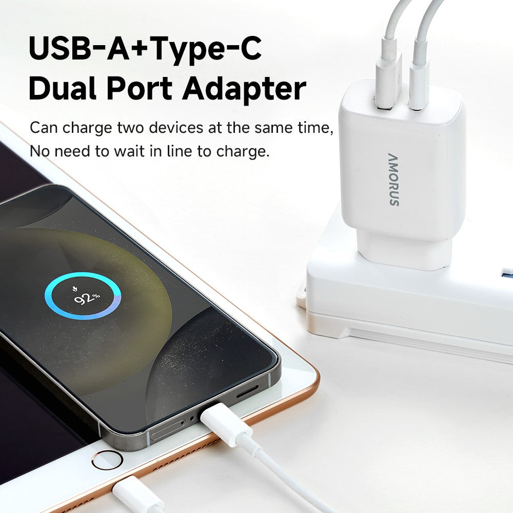 AMORUS PD 30W Type-C + QC 18W USB-A Dual Port GaN Power Adapter Fast Charging Wall Charger for Phone Tablet