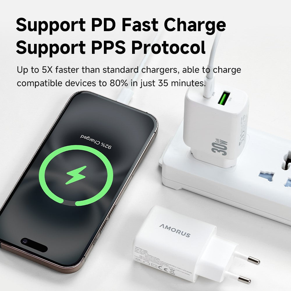 AMORUS PD 30W Type-C + QC 18W USB-A Dual Port GaN Power Adapter Fast Charging Wall Charger for Phone Tablet