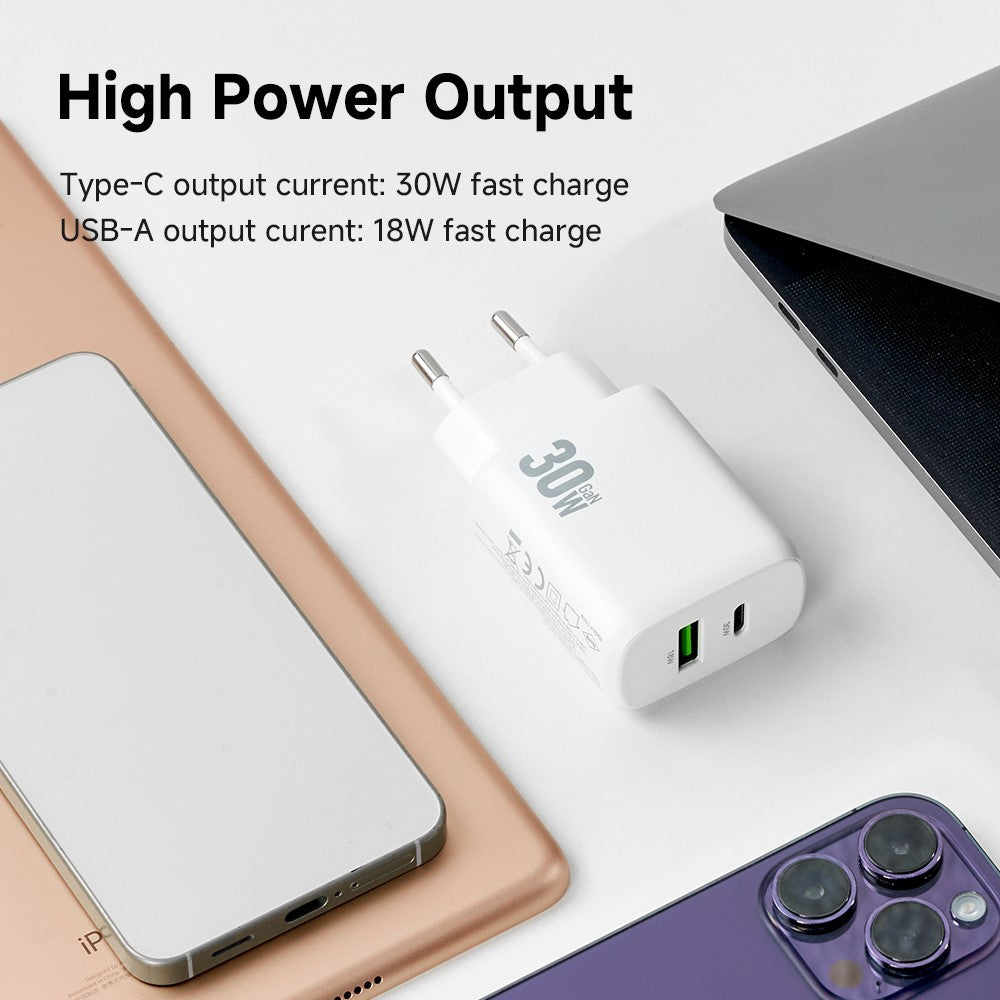 AMORUS PD 30W Type-C + QC 18W USB-A Dual Port GaN Power Adapter Fast Charging Wall Charger for Phone Tablet