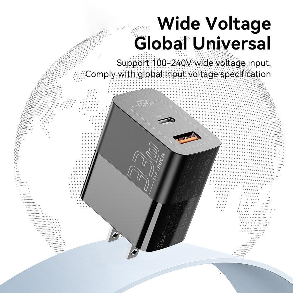 ESSAGER 33W USB-A + Type-C Fast Charging Adapter GaN Dual Port Wall Charger