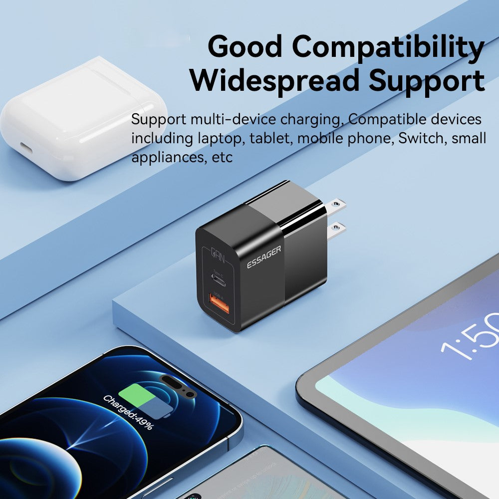 ESSAGER 33W USB-A + Type-C Fast Charging Adapter GaN Dual Port Wall Charger